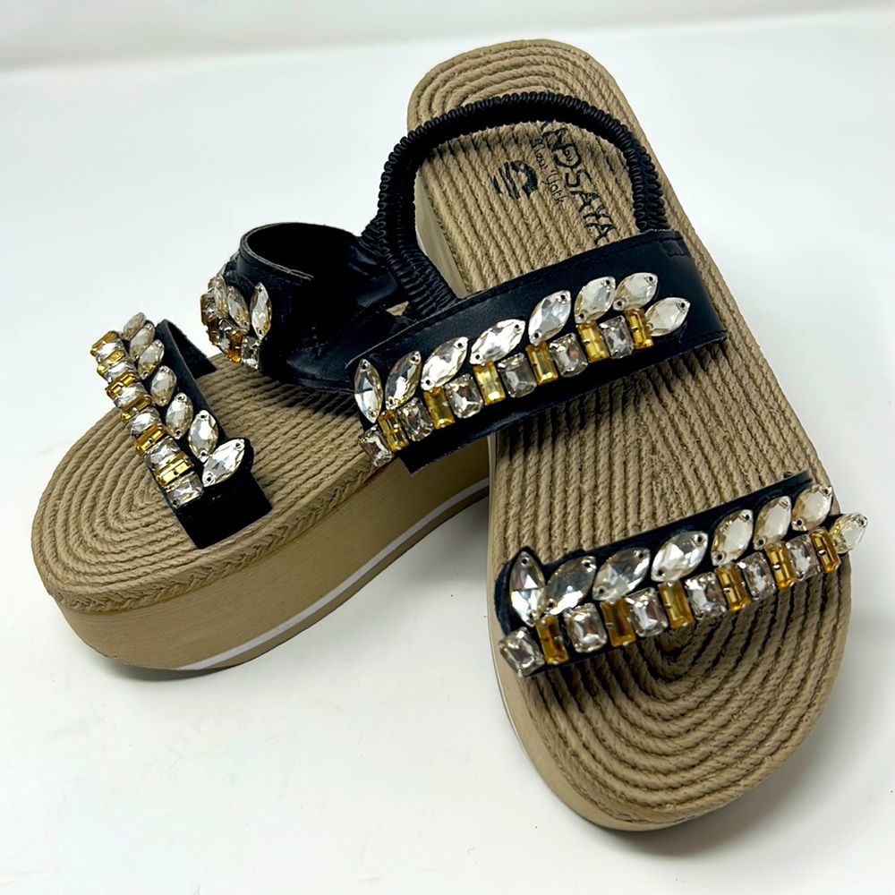 Sand by Saya Gold Rhinestone Waterproof Espadrille Platform Wedge Sandals Size 6